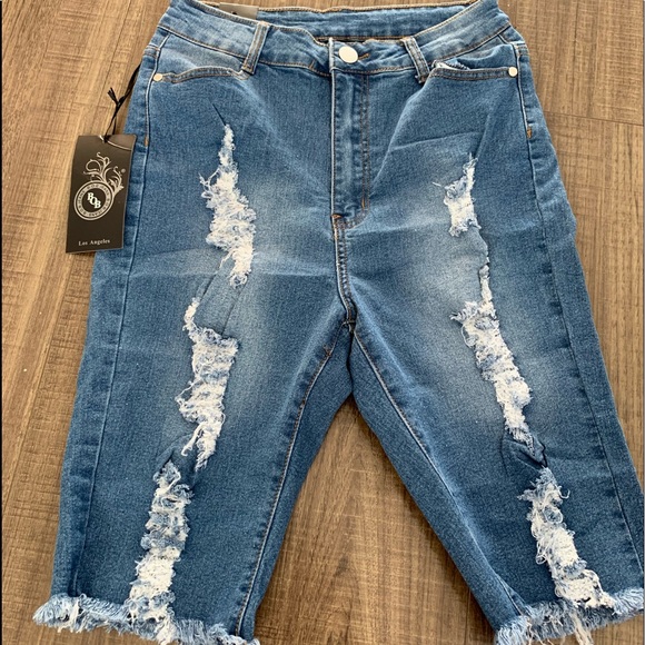 B.O.B. Pants - B.O.B. High Waisted Distressed Bermuda Shorts